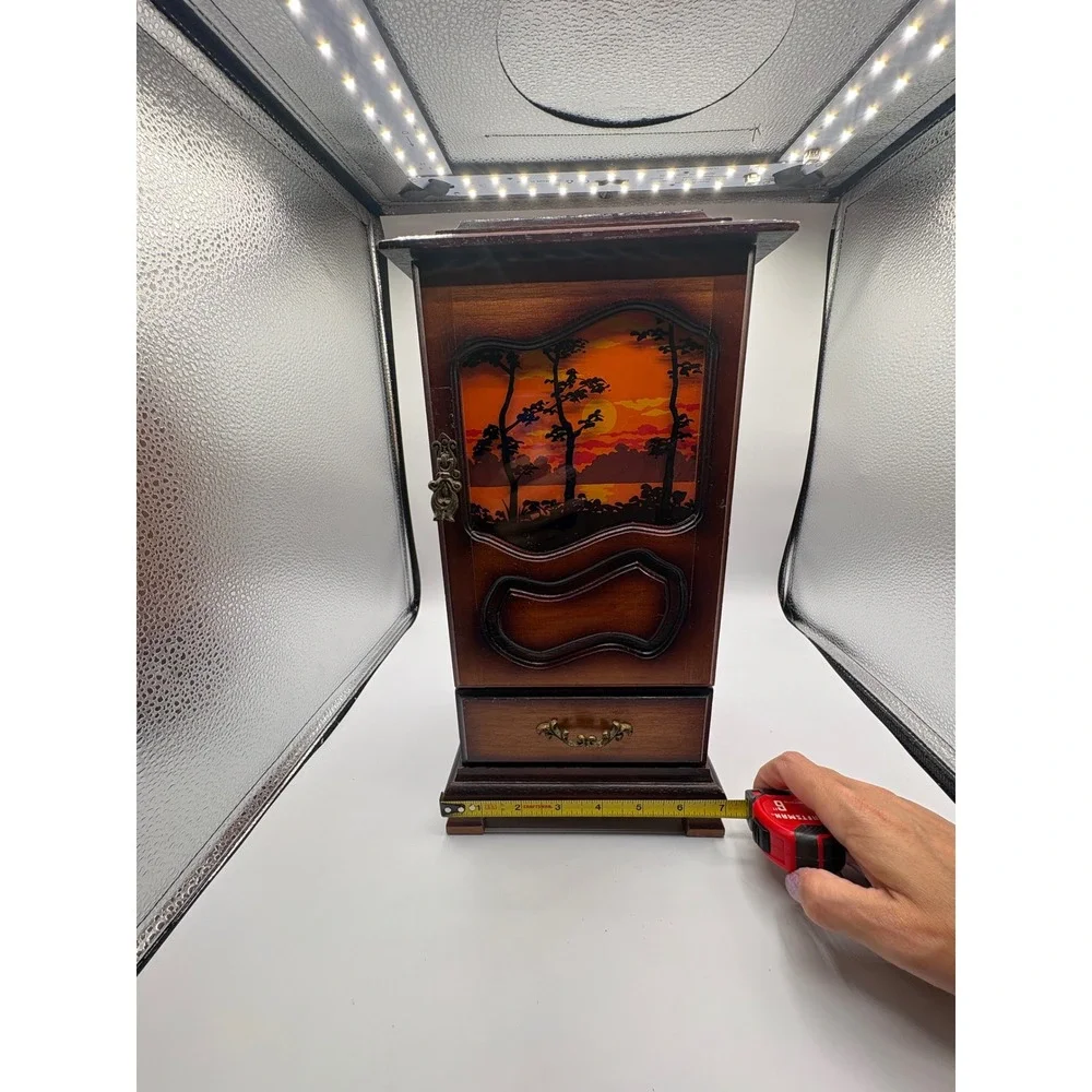 Vintage Wooden Jewelry Box Armoire Sunset Scene Music Box Cabinet 3 Drawers